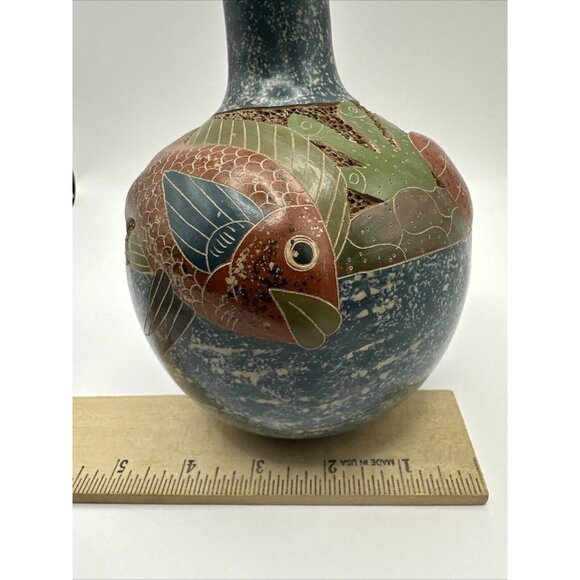 Vintage Original Roger Calero Nicaragua Clay Pottery Vase Fish & Coral - Picture 7 of 7